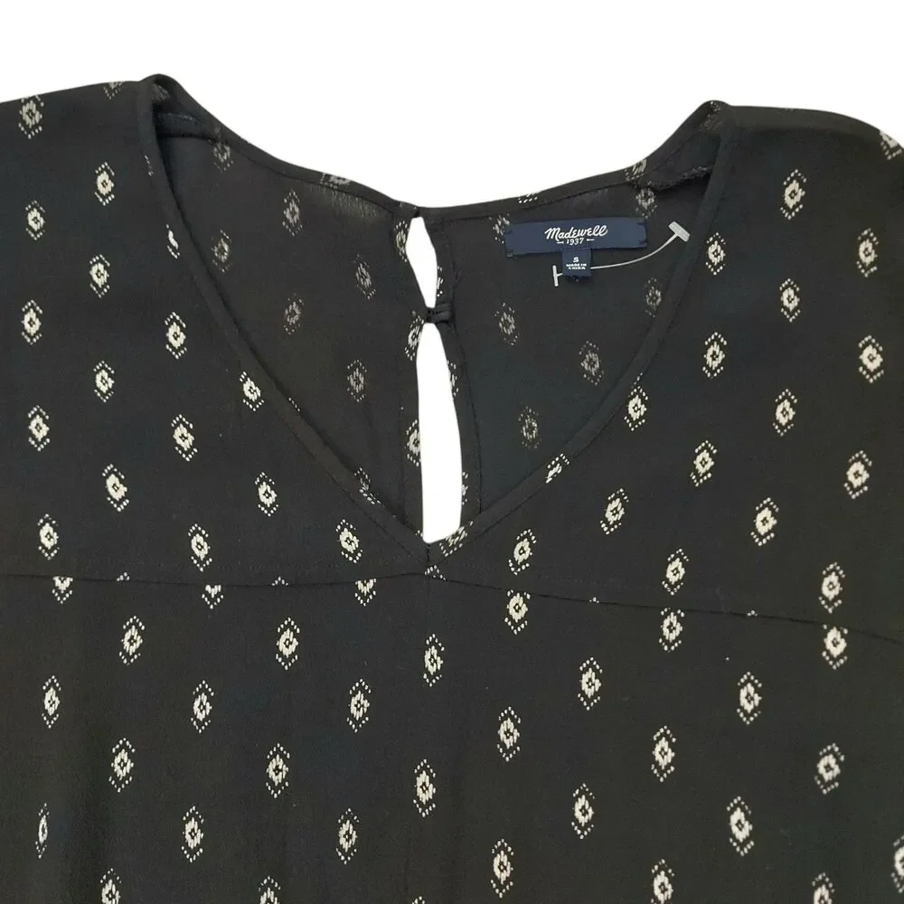 Madewell Romper Womens Small Black Diamond Print V-Neck Cap Sleeve Bohemian - Picture 2 of 13